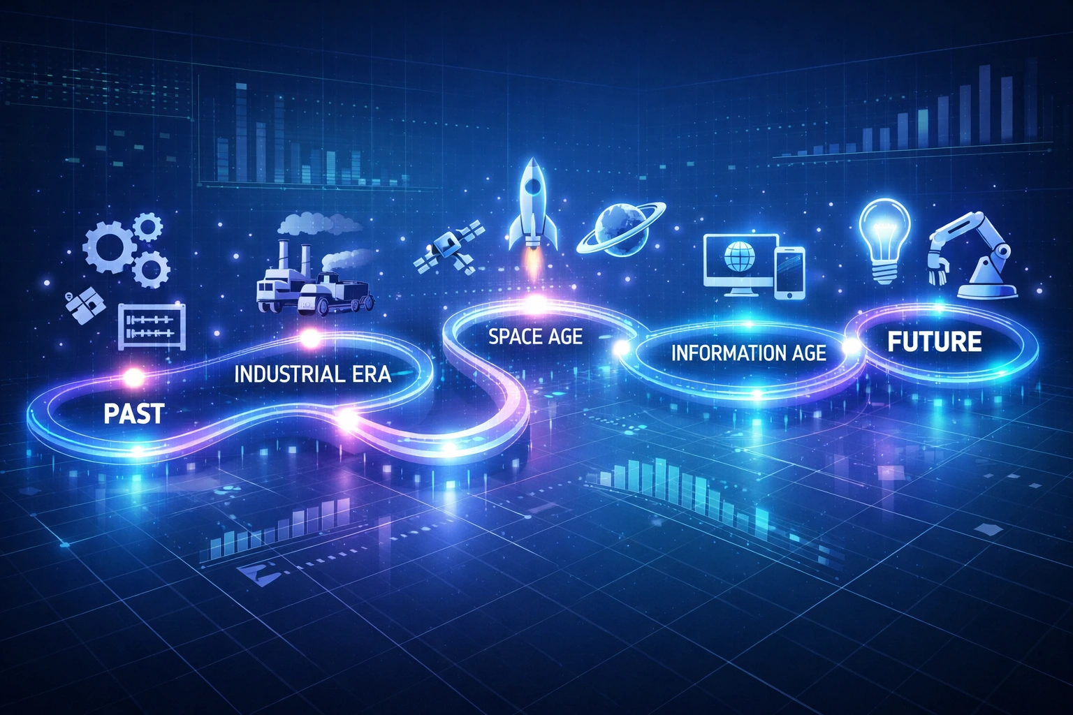 Futuristic timeline infographic with glowing nodes